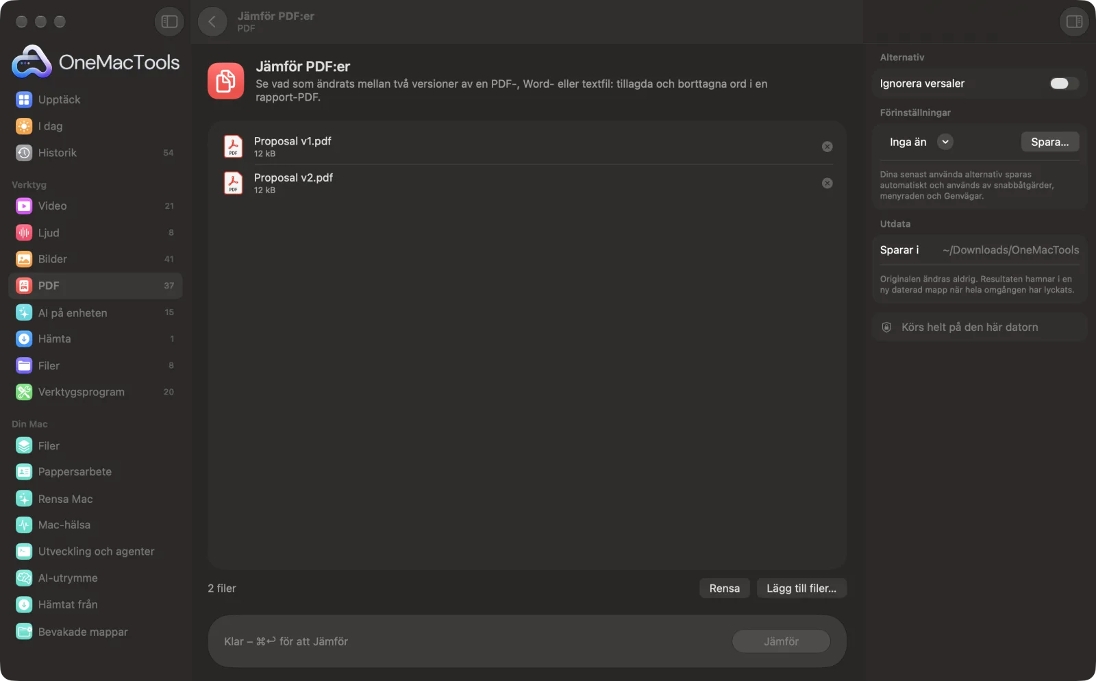 Jämför PDF:er i OneMacTools på en Mac, med exempelfiler och alternativ
