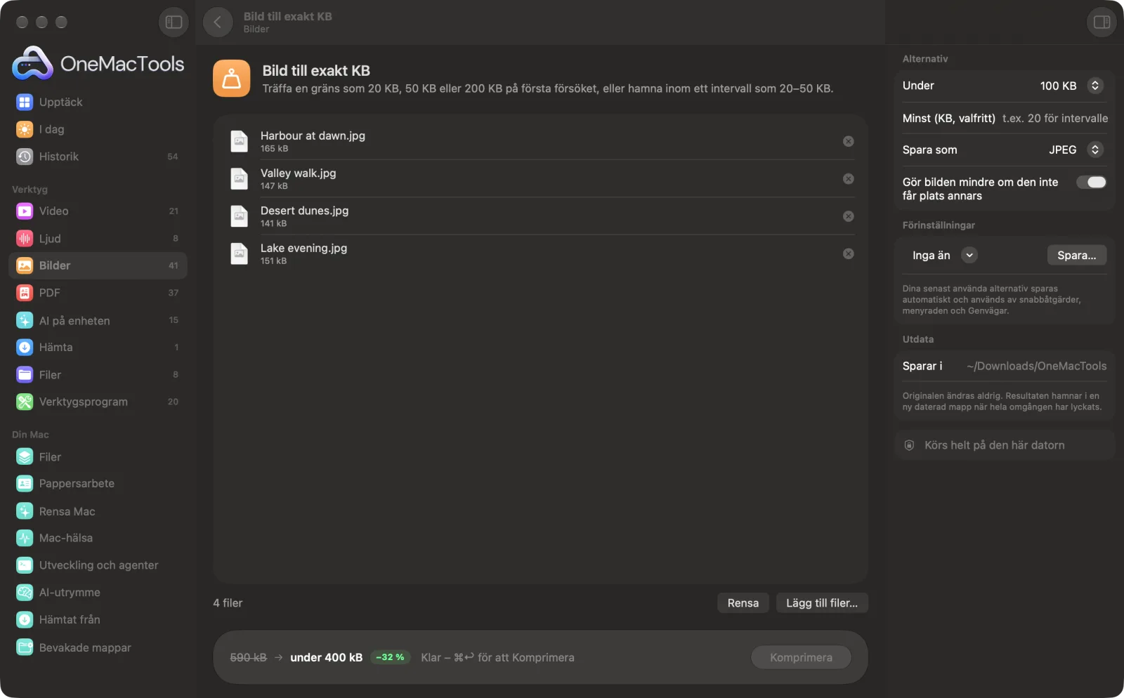 Bild till exakt KB i OneMacTools på en Mac, med exempelfiler och alternativ