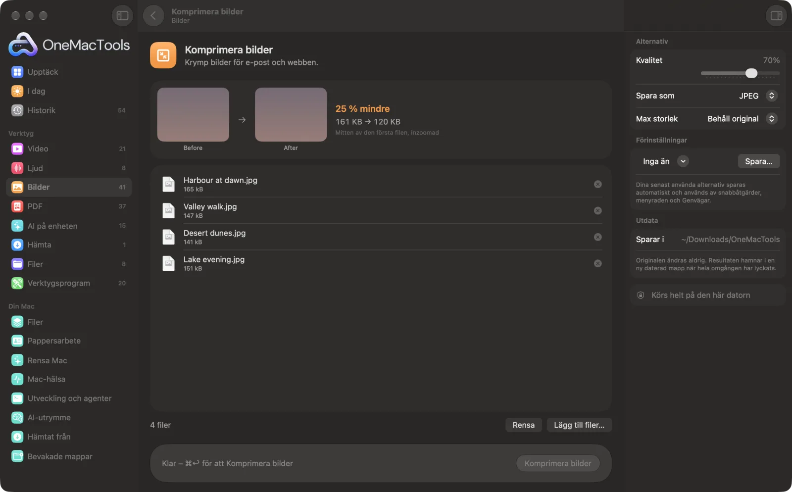 Komprimera bilder i OneMacTools på en Mac, med exempelfiler och alternativ