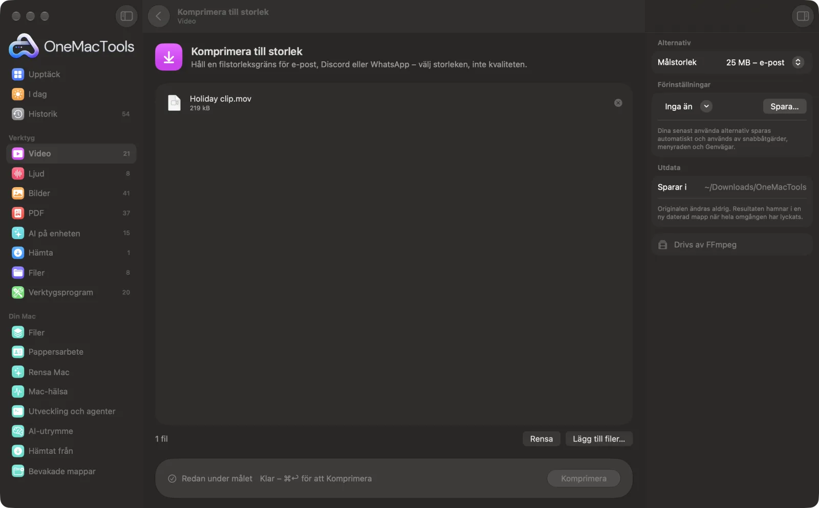 Komprimera till storlek i OneMacTools med exempelfiler inlästa och alternativpanelen öppen