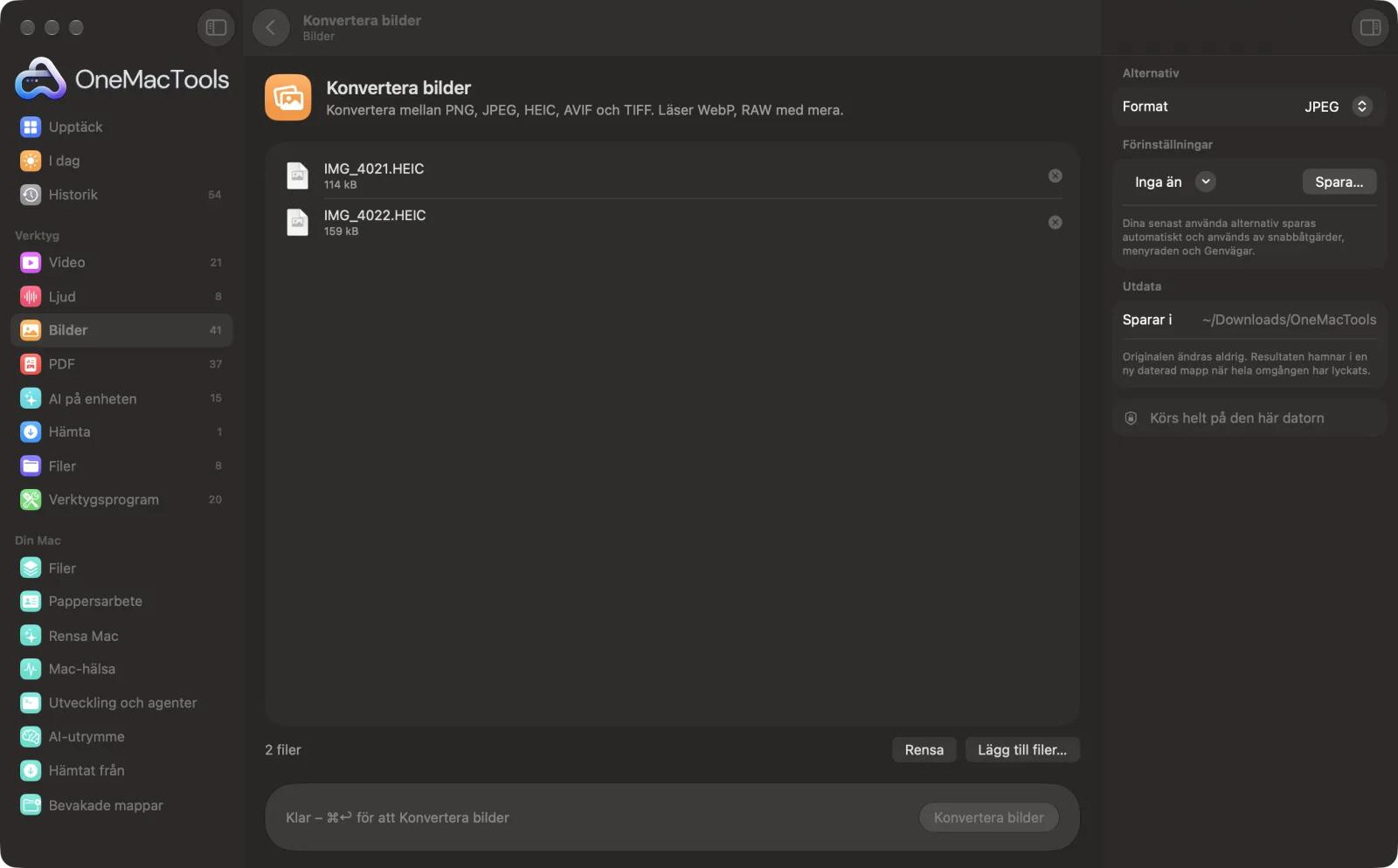Konvertera bilder i OneMacTools med exempelfiler inlästa och alternativpanelen öppen