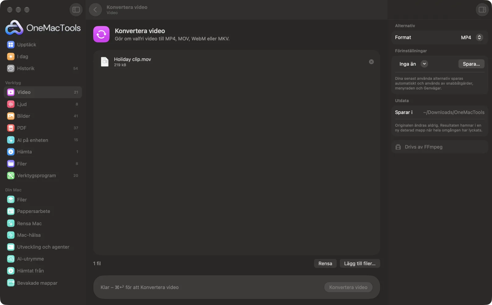Konvertera video i OneMacTools på en Mac, med exempelfiler och alternativ