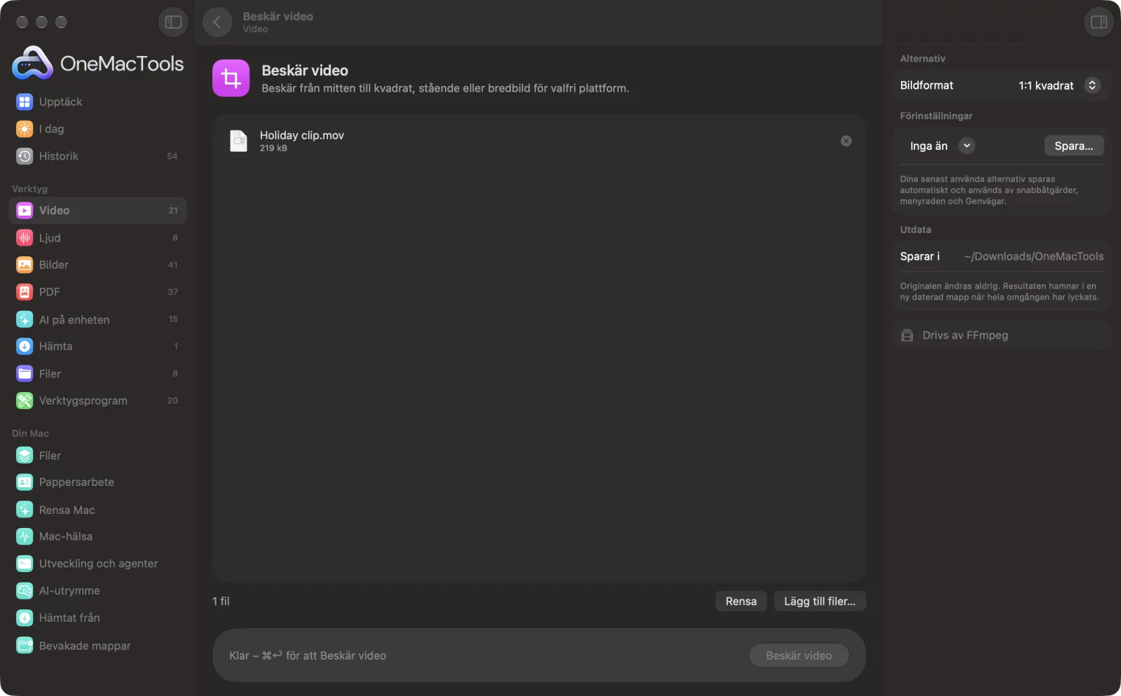 Beskär video i OneMacTools på en Mac, med exempelfiler och alternativ