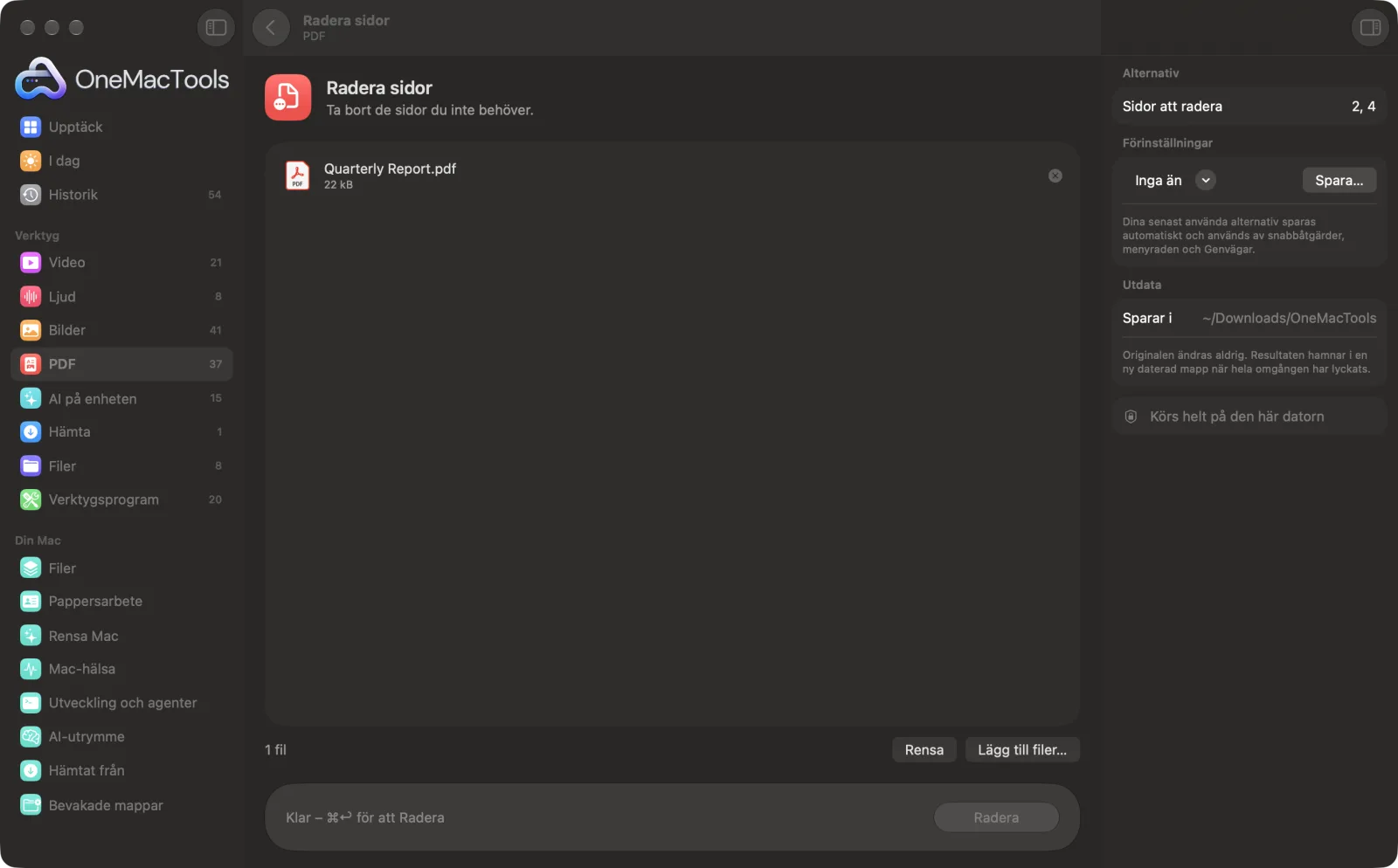 Radera sidor i OneMacTools på en Mac, med exempelfiler och alternativ