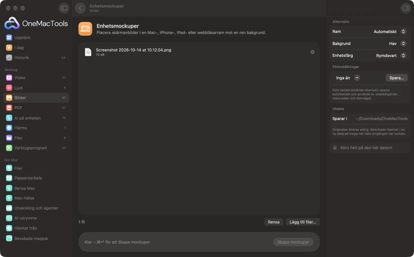 Enhetsmockuper i OneMacTools på en Mac, med exempelfiler och alternativ
