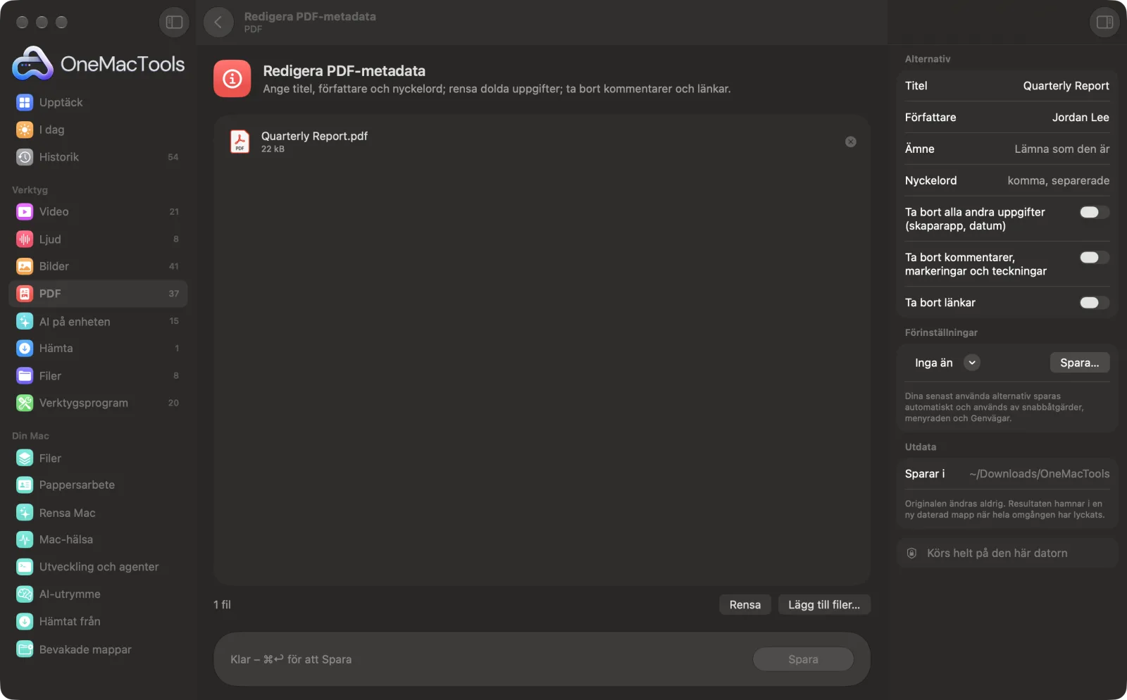 Redigera PDF-metadata i OneMacTools på en Mac, med exempelfiler och alternativ