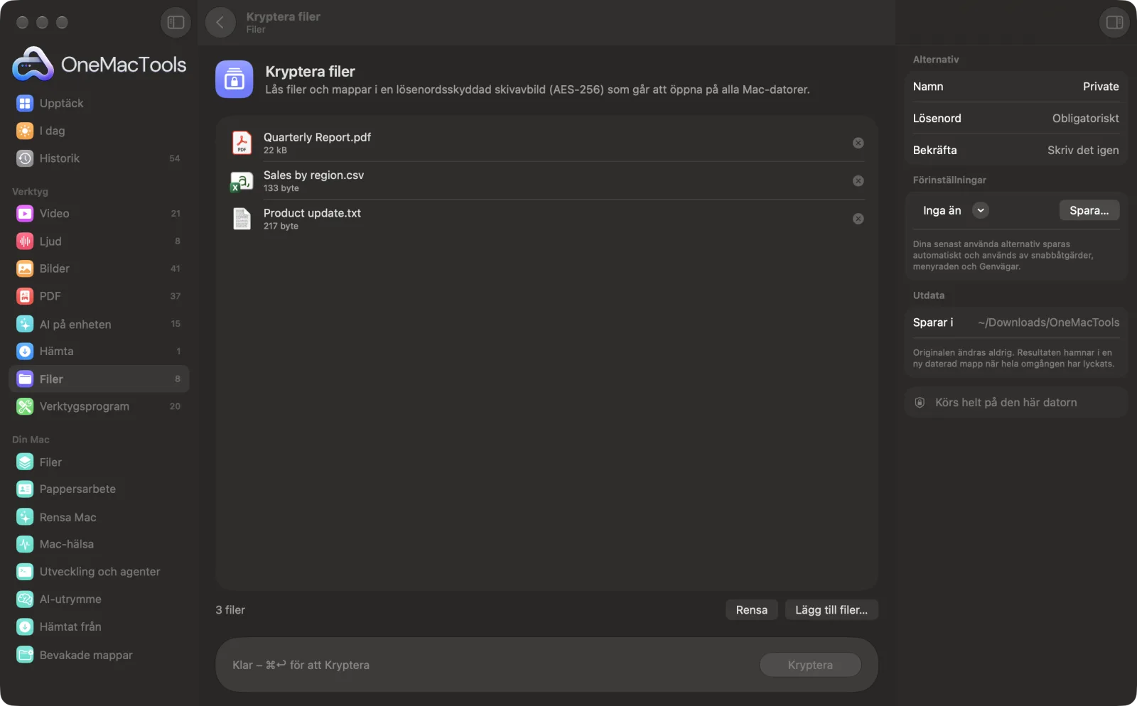 Kryptera filer i OneMacTools på en Mac, med exempelfiler och alternativ