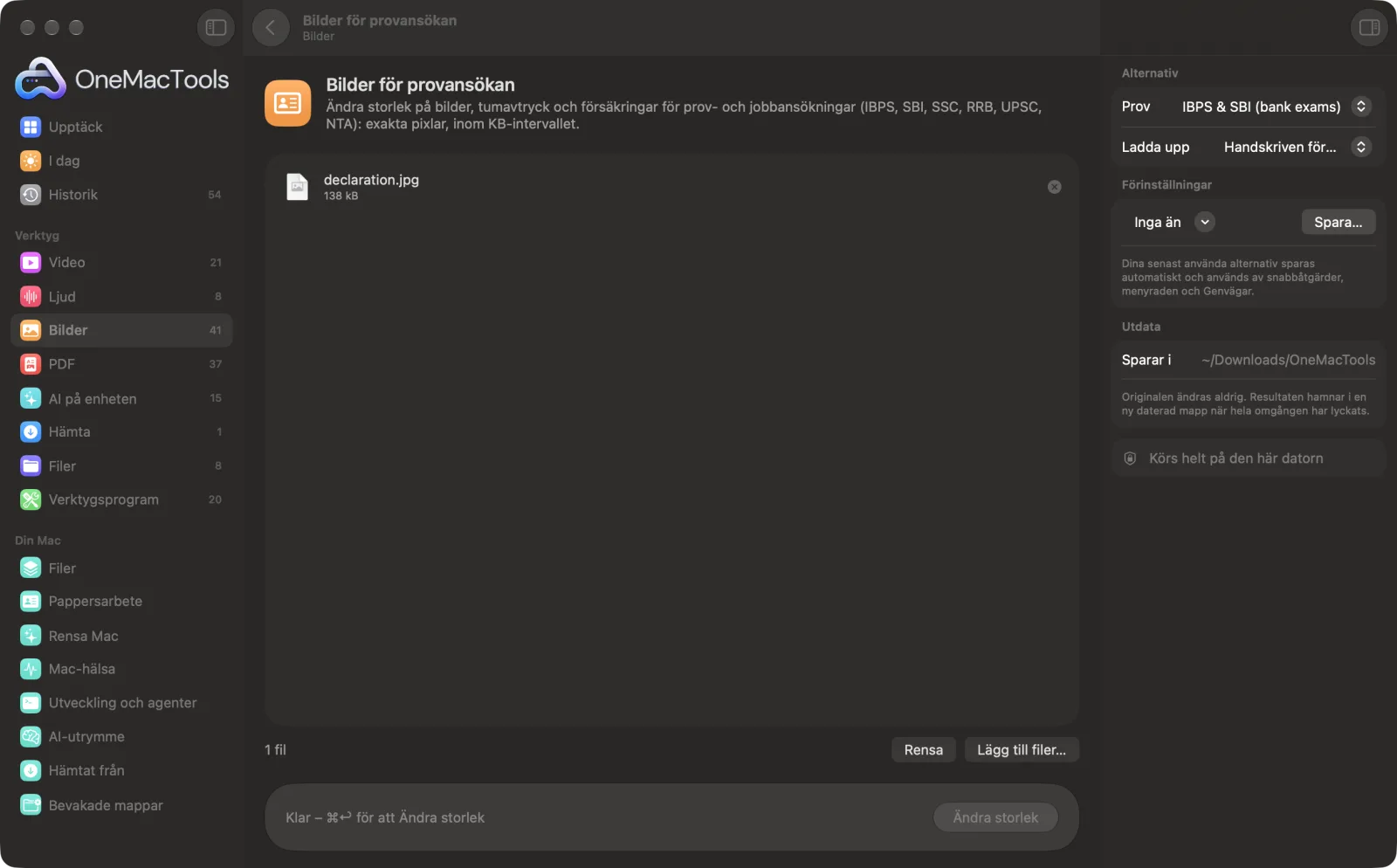 Bilder för provansökan i OneMacTools på en Mac, med exempelfiler och alternativ