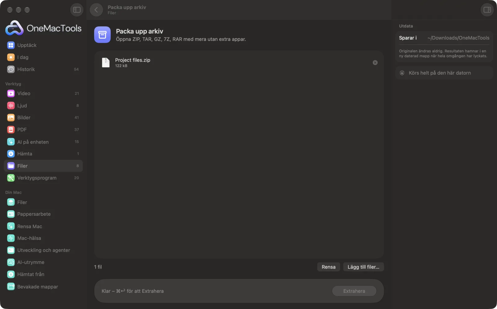 Packa upp arkiv i OneMacTools på en Mac, med exempelfiler och alternativ