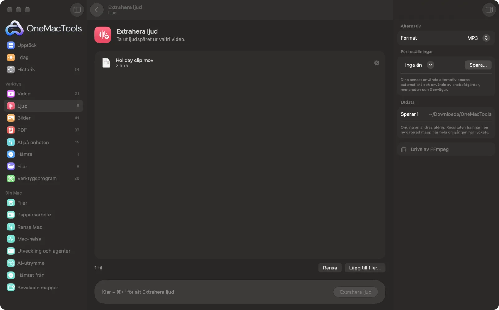 Extrahera ljud i OneMacTools på en Mac, med exempelfiler och alternativ