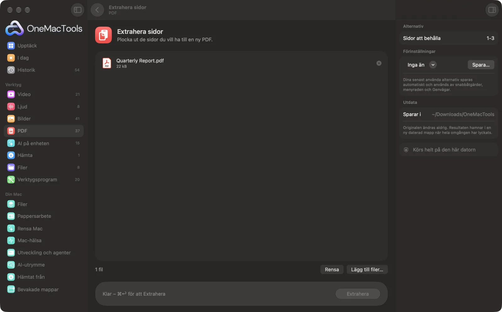 Extrahera sidor i OneMacTools på en Mac, med exempelfiler och alternativ