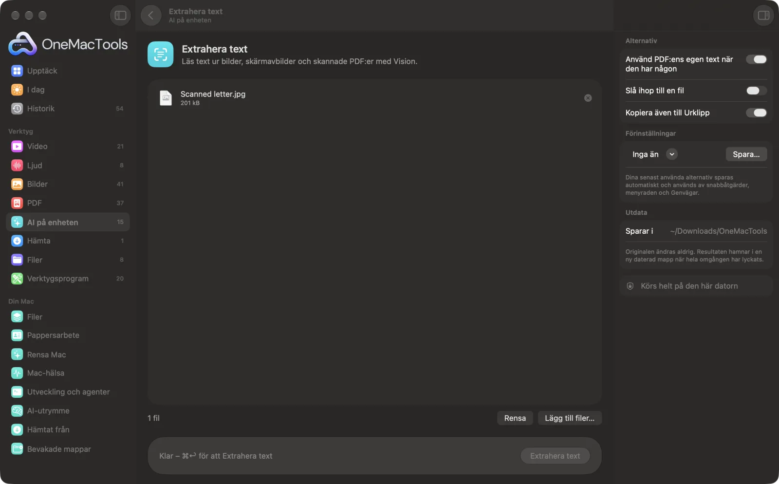 Extrahera text i OneMacTools på en Mac, med exempelfiler och alternativ