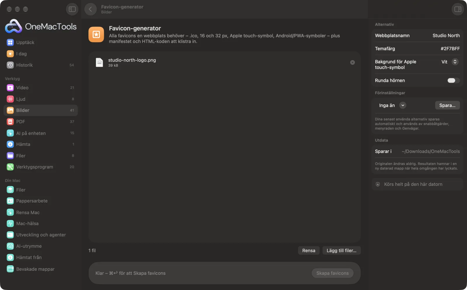 Favicon-generator i OneMacTools på en Mac, med exempelfiler och alternativ