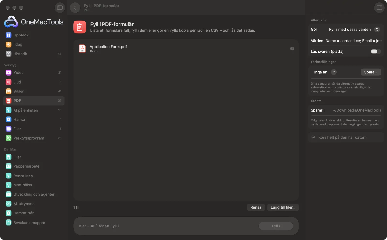 Fyll i PDF-formulär i OneMacTools på en Mac, med exempelfiler och alternativ