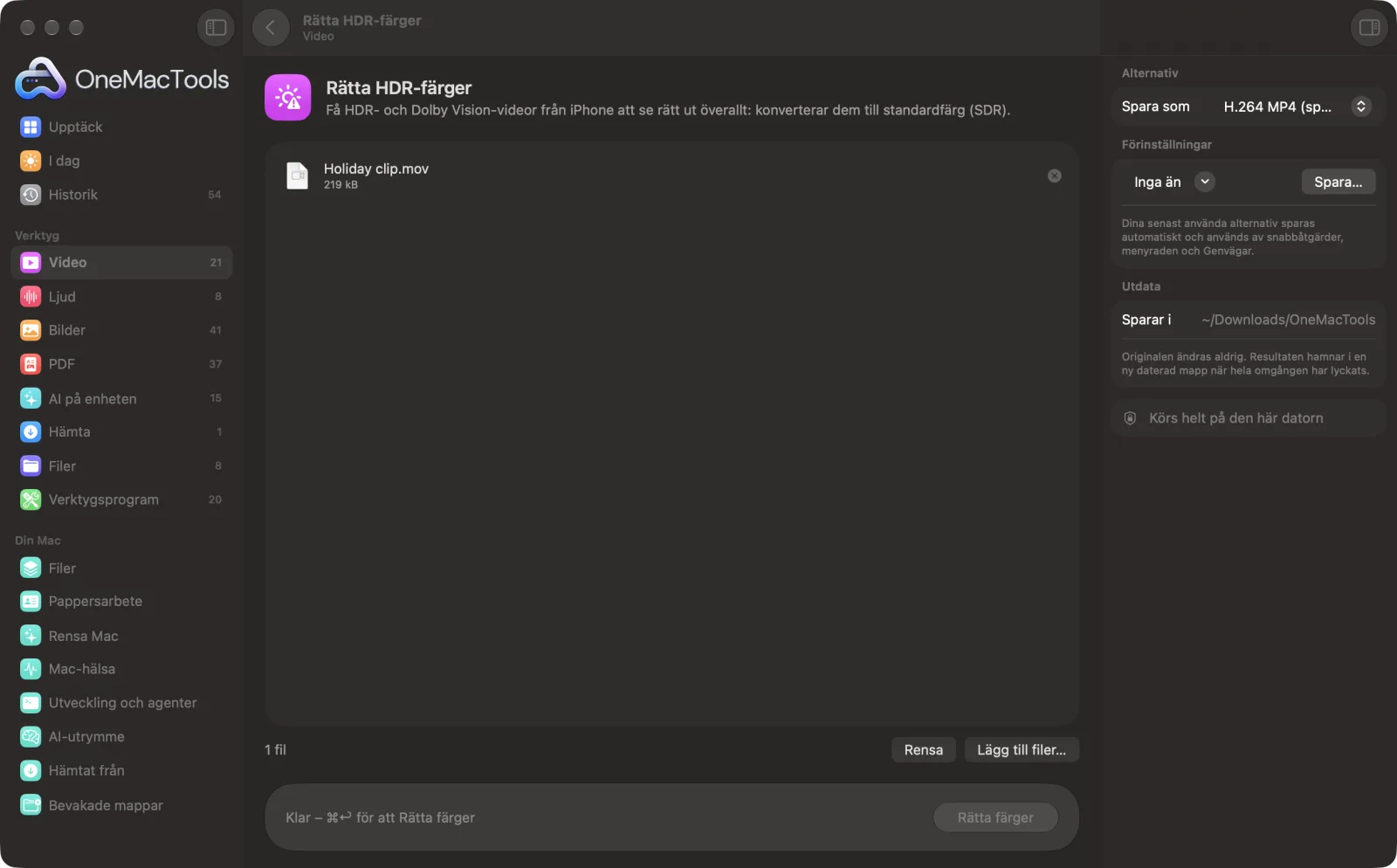 Rätta HDR-färger i OneMacTools på en Mac, med exempelfiler och alternativ