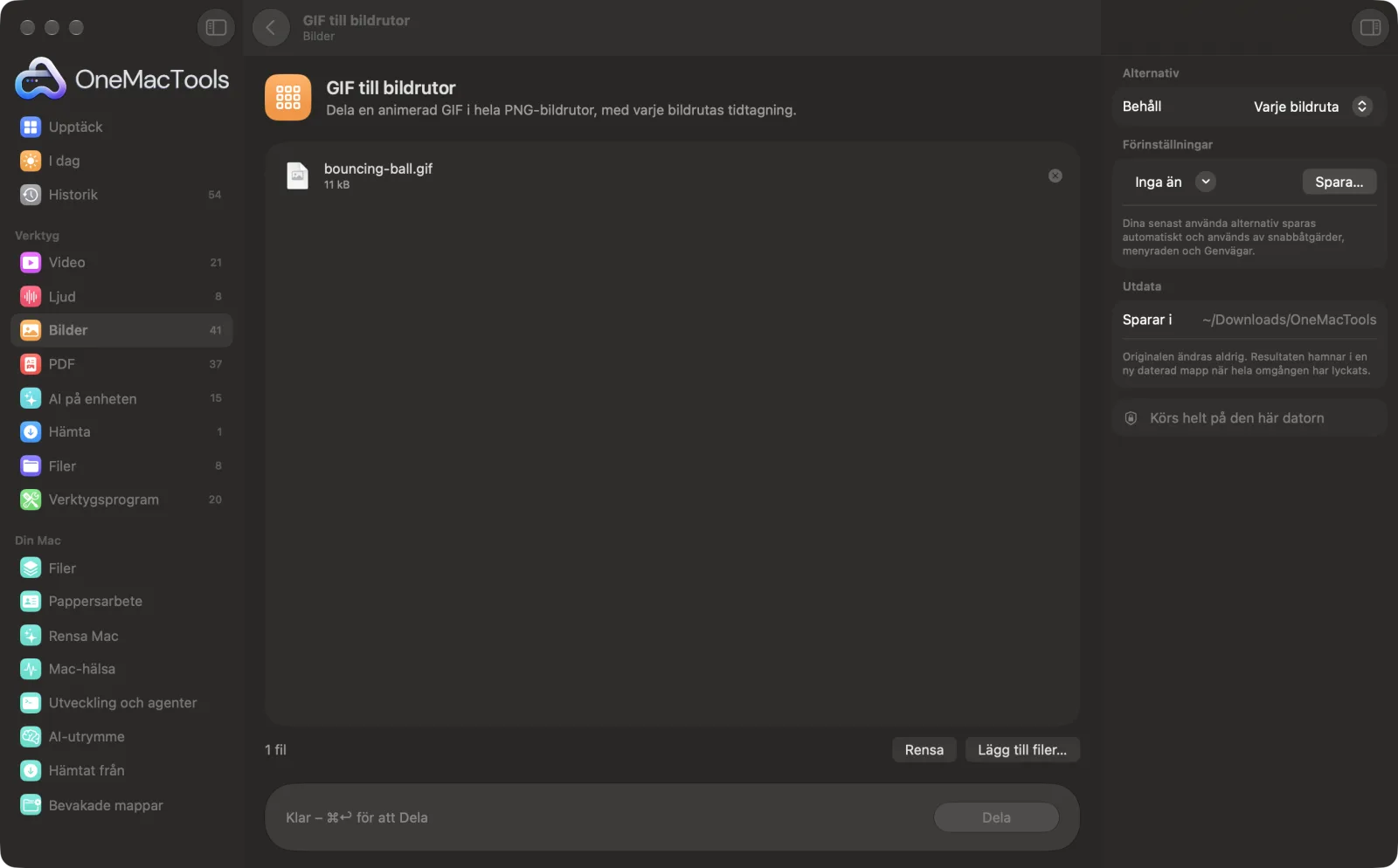 GIF till bildrutor i OneMacTools på en Mac, med exempelfiler och alternativ