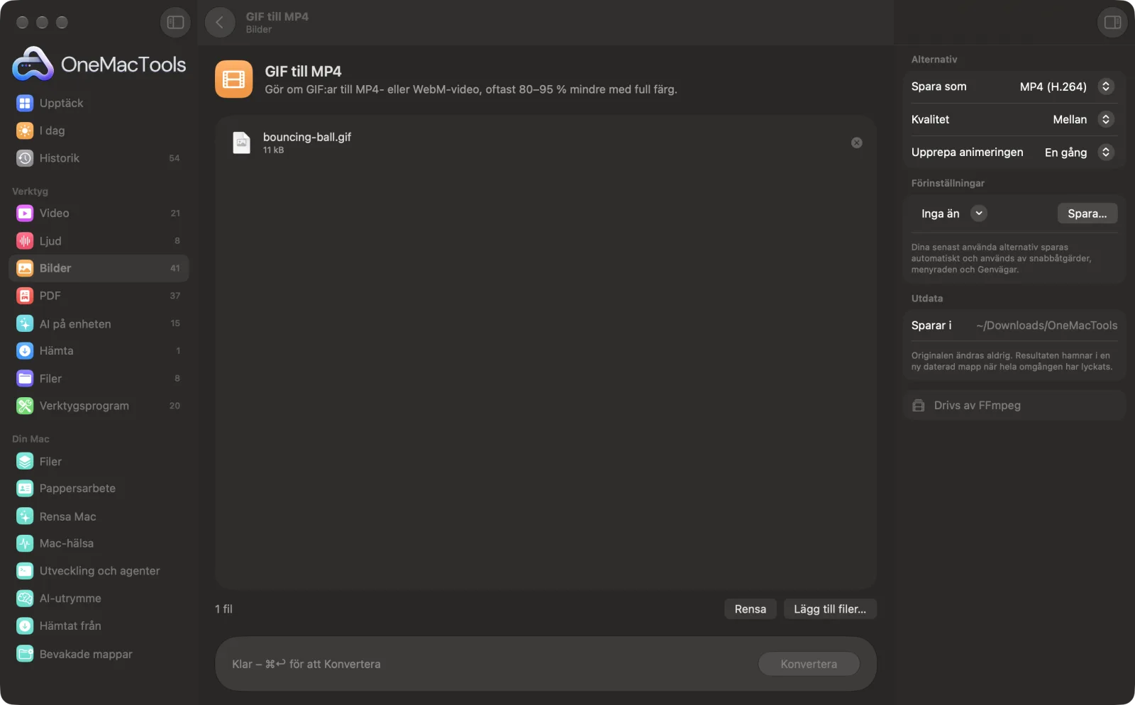 GIF till MP4 i OneMacTools på en Mac, med exempelfiler och alternativ