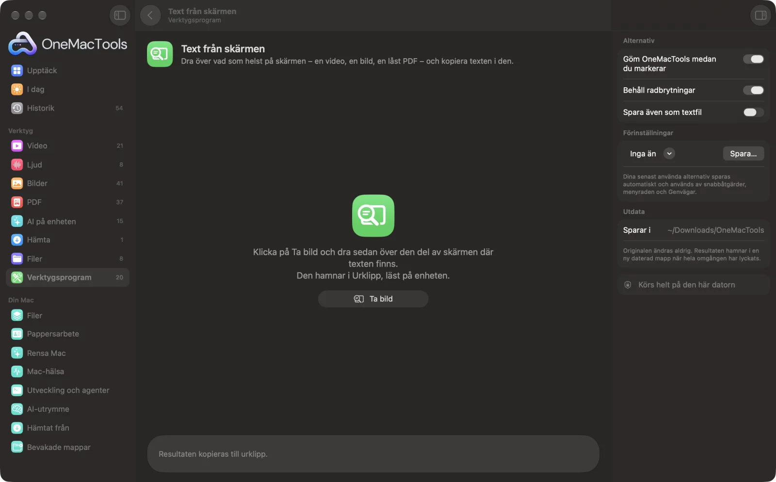 Text från skärmen i OneMacTools på en Mac, med exempelfiler och alternativ