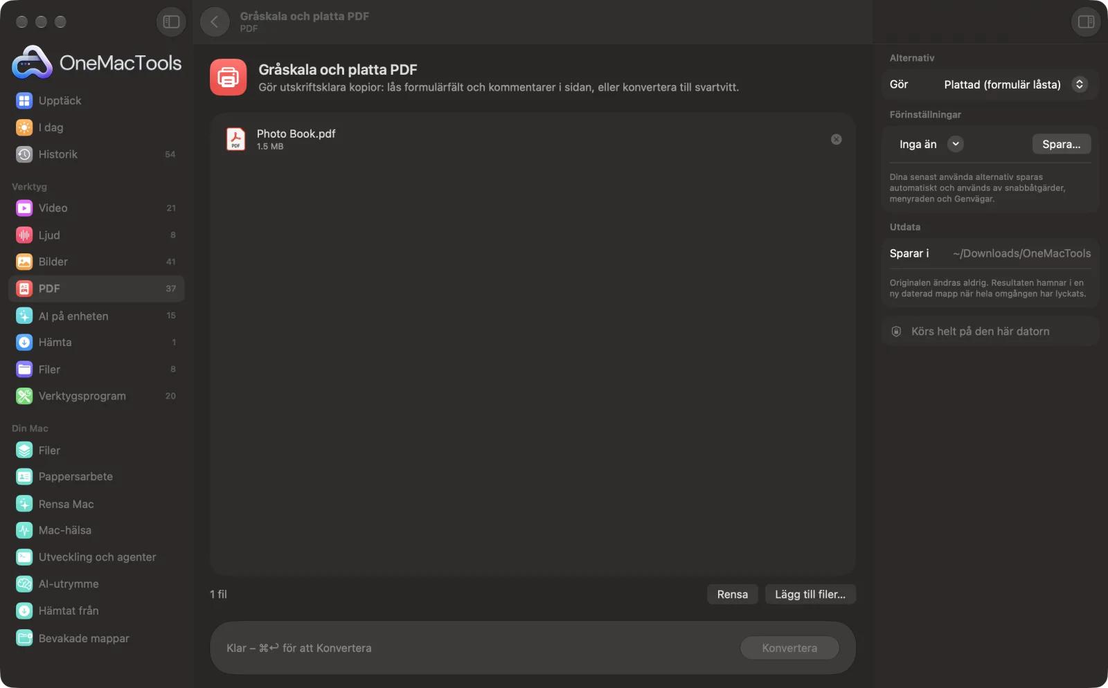 Gråskala och platta PDF i OneMacTools på en Mac, med exempelfiler och alternativ