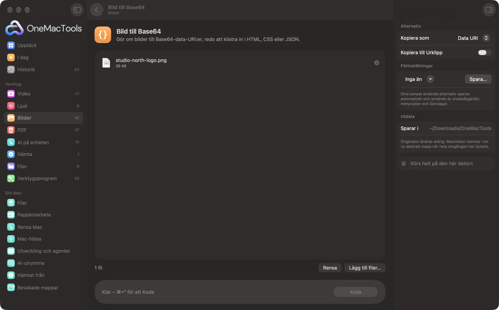 Bild till Base64 i OneMacTools på en Mac, med exempelfiler och alternativ