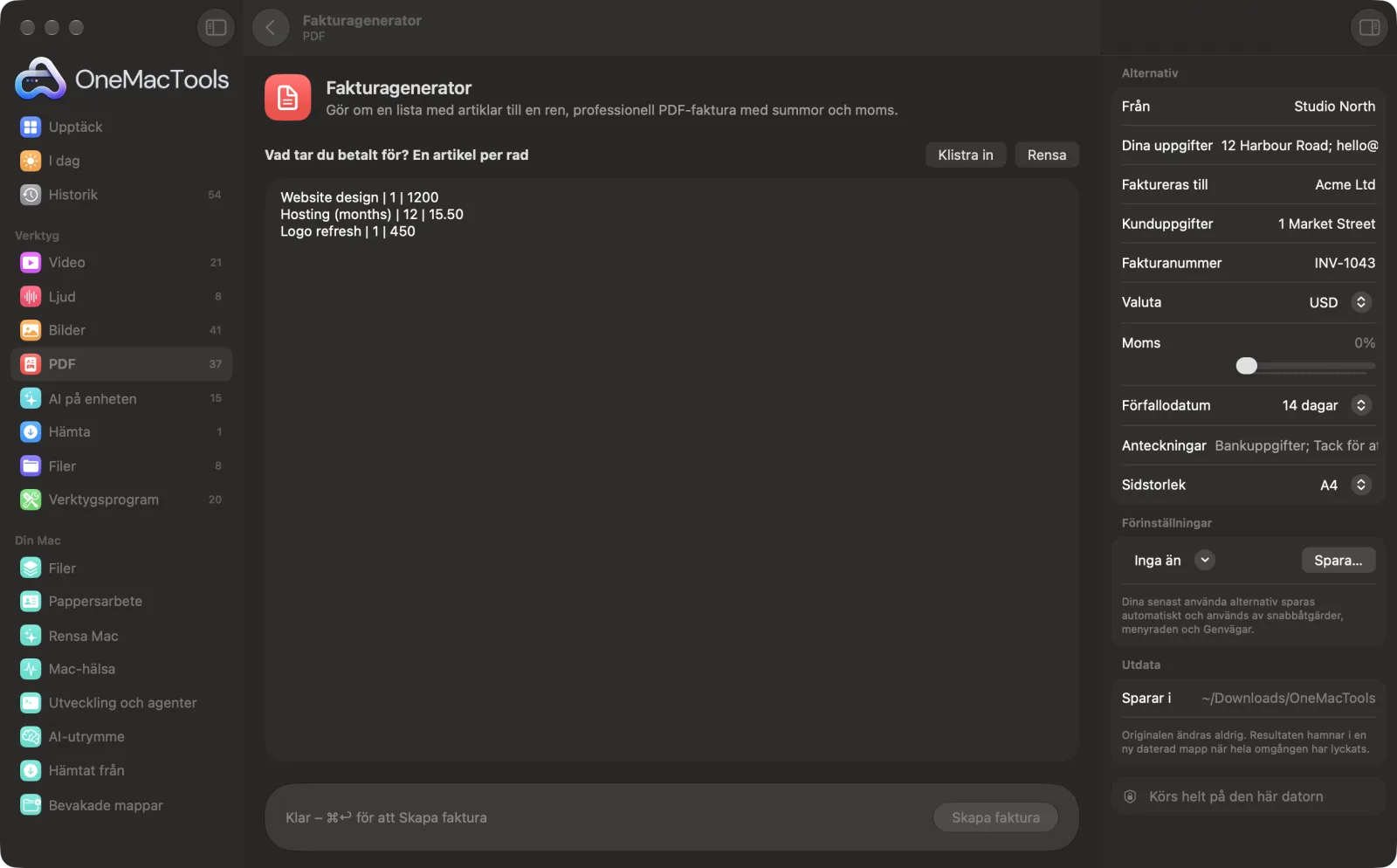 Fakturagenerator i OneMacTools med exempelfiler inlästa och alternativpanelen öppen