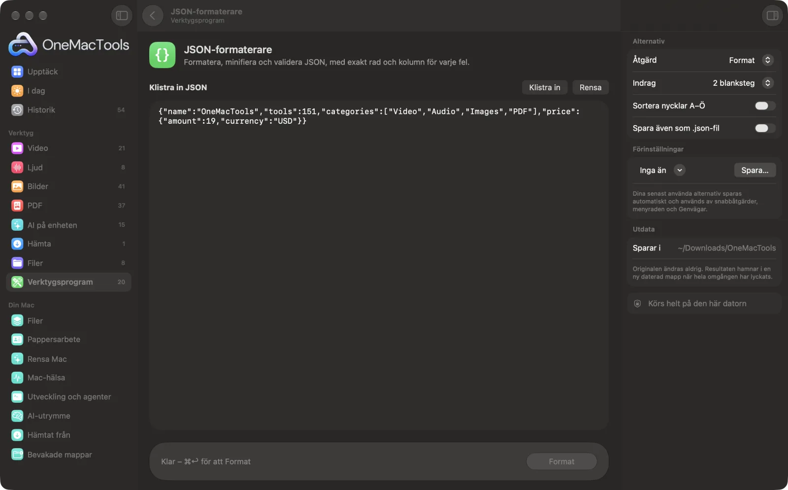JSON-formaterare i OneMacTools med exempelfiler inlästa och alternativpanelen öppen