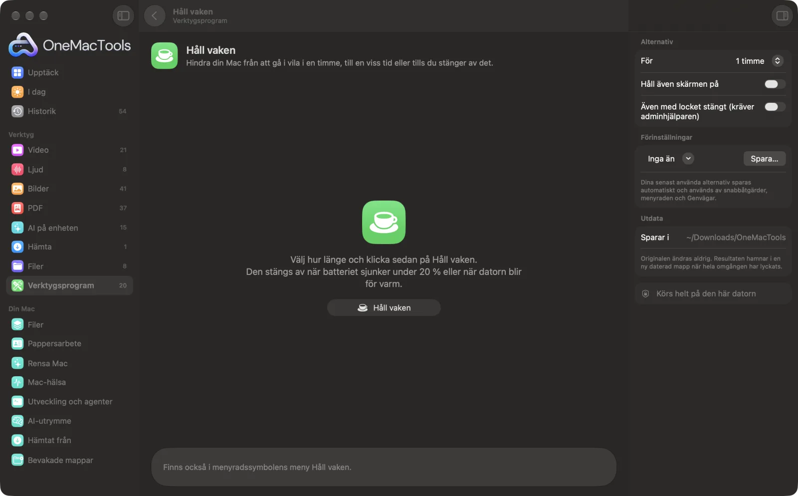 Håll vaken i OneMacTools på en Mac, med exempelfiler och alternativ