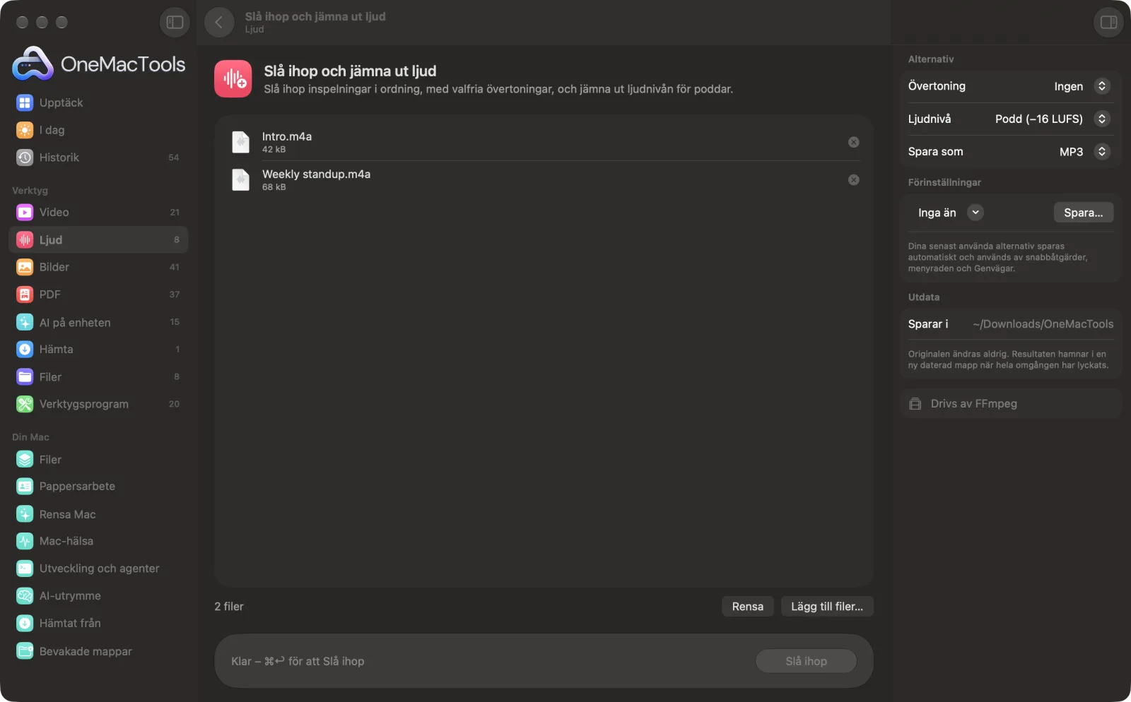 Slå ihop och jämna ut ljud i OneMacTools på en Mac, med exempelfiler och alternativ