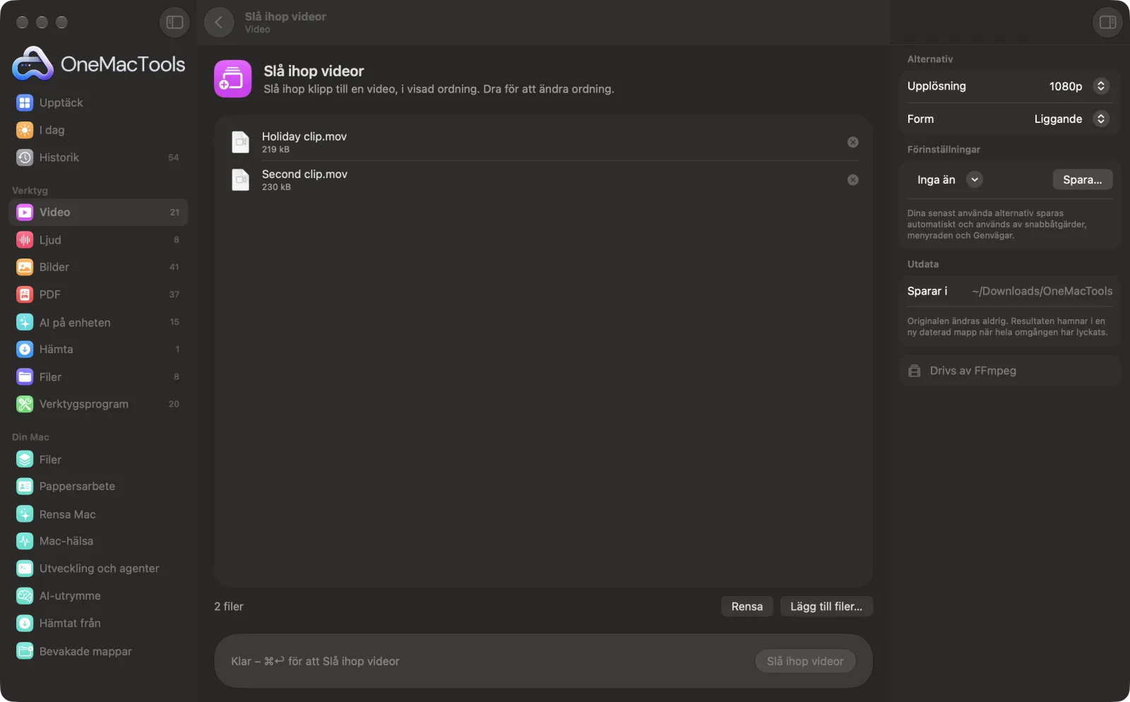 Slå ihop videor i OneMacTools på en Mac, med exempelfiler och alternativ