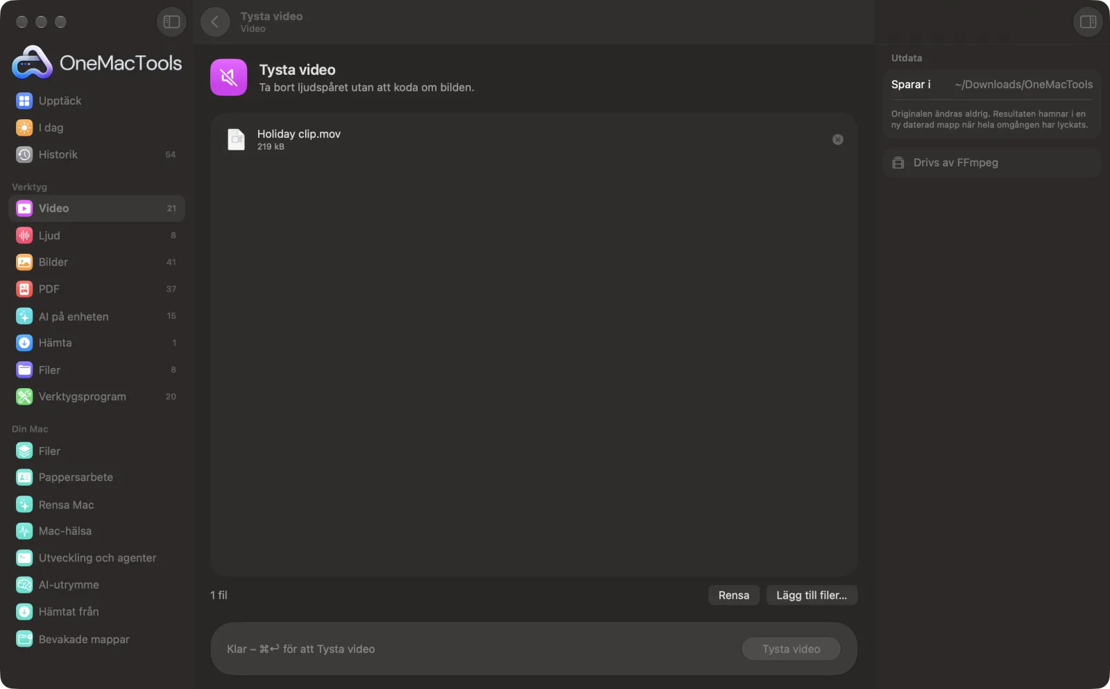 Tysta video i OneMacTools på en Mac, med exempelfiler och alternativ