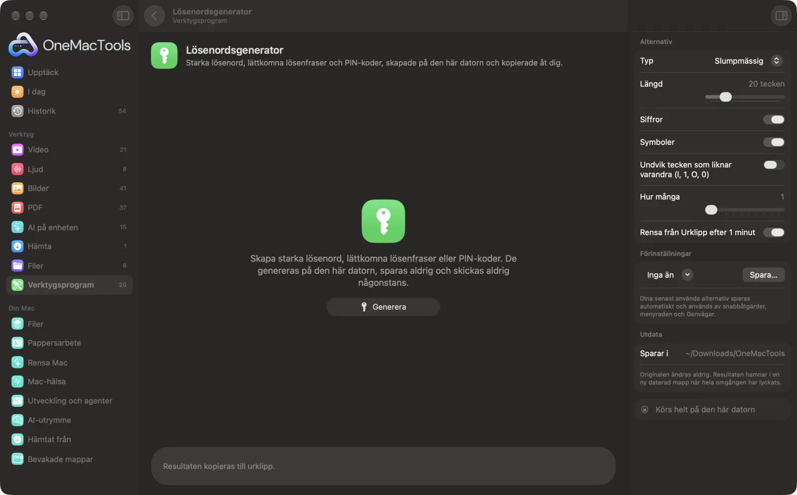 Lösenordsgenerator i OneMacTools på en Mac, med exempelfiler och alternativ