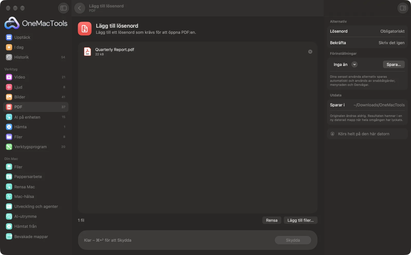 Lägg till lösenord i OneMacTools på en Mac, med exempelfiler och alternativ
