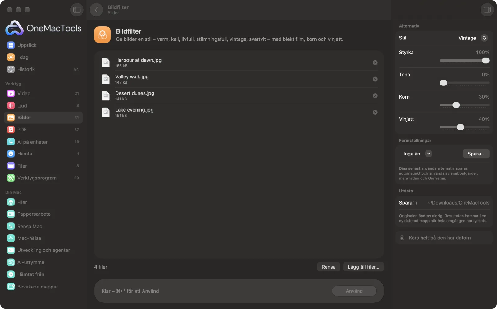 Bildfilter i OneMacTools på en Mac, med exempelfiler och alternativ