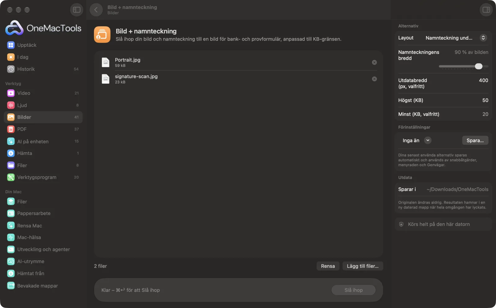 Bild + namnteckning i OneMacTools på en Mac, med exempelfiler och alternativ