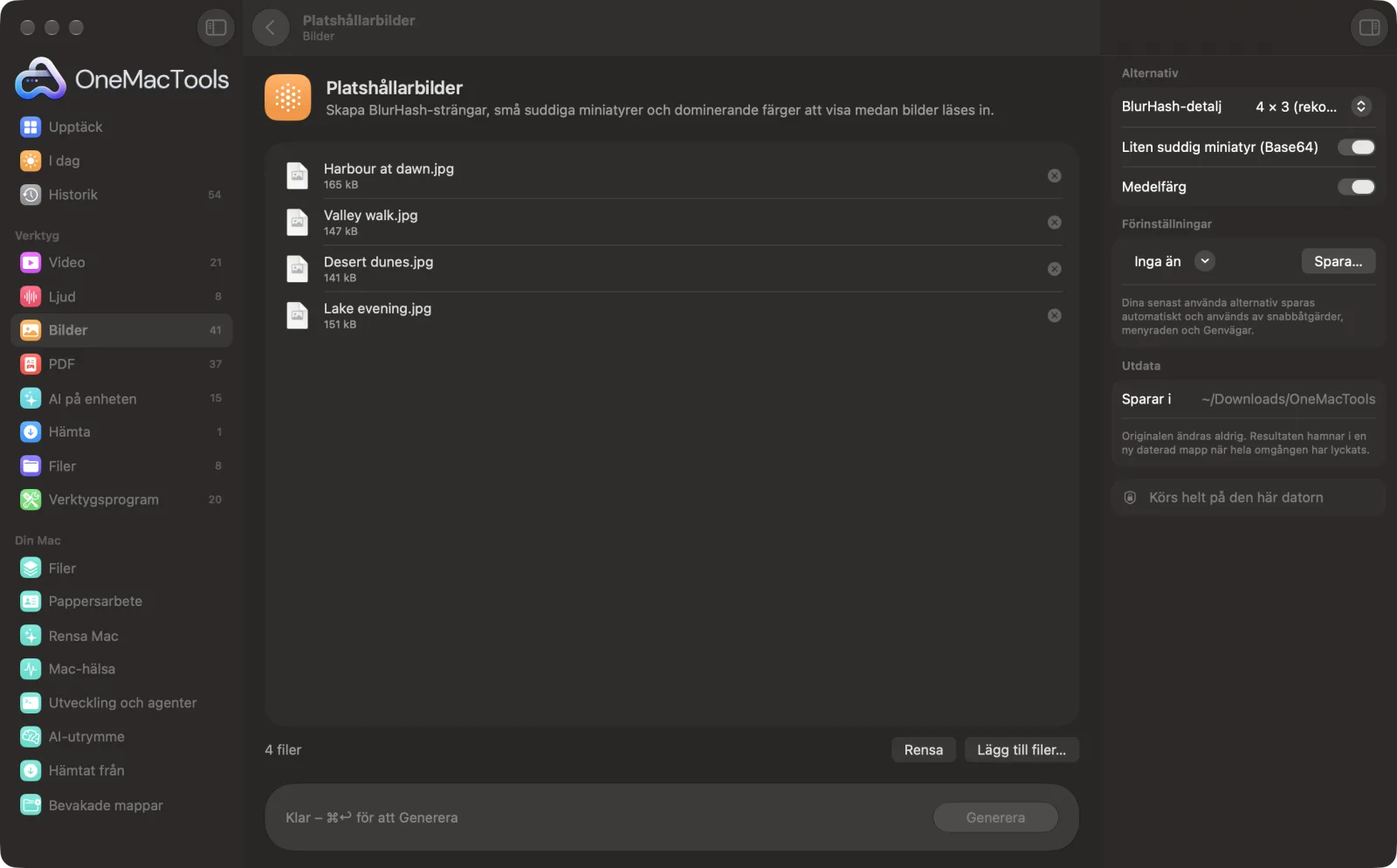 Platshållarbilder i OneMacTools på en Mac, med exempelfiler och alternativ