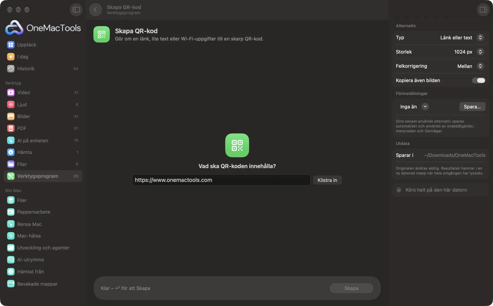 Skapa QR-kod i OneMacTools med exempelfiler inlästa och alternativpanelen öppen