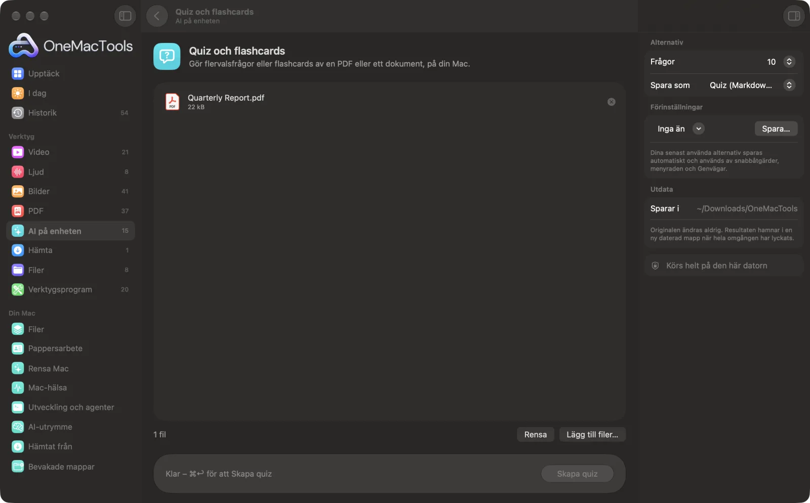 Quiz och flashcards i OneMacTools på en Mac, med exempelfiler och alternativ
