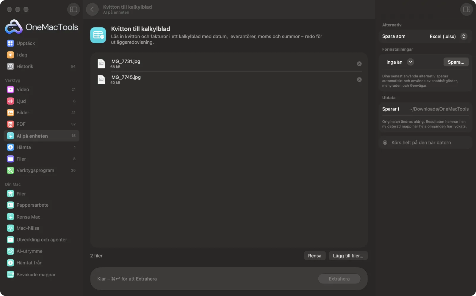 Kvitton till kalkylblad i OneMacTools med exempelfiler inlästa och alternativpanelen öppen