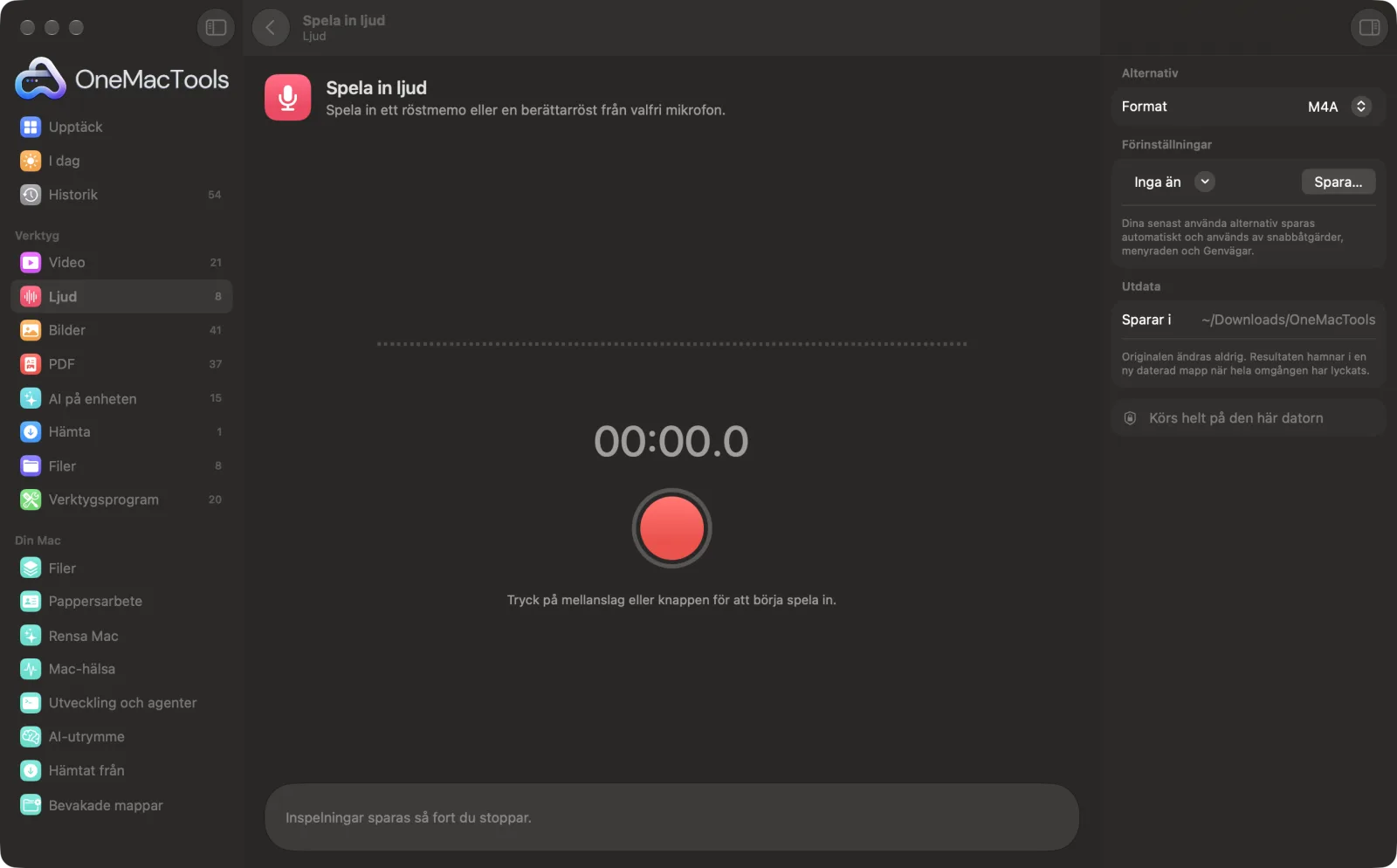 Spela in ljud i OneMacTools på en Mac, med exempelfiler och alternativ