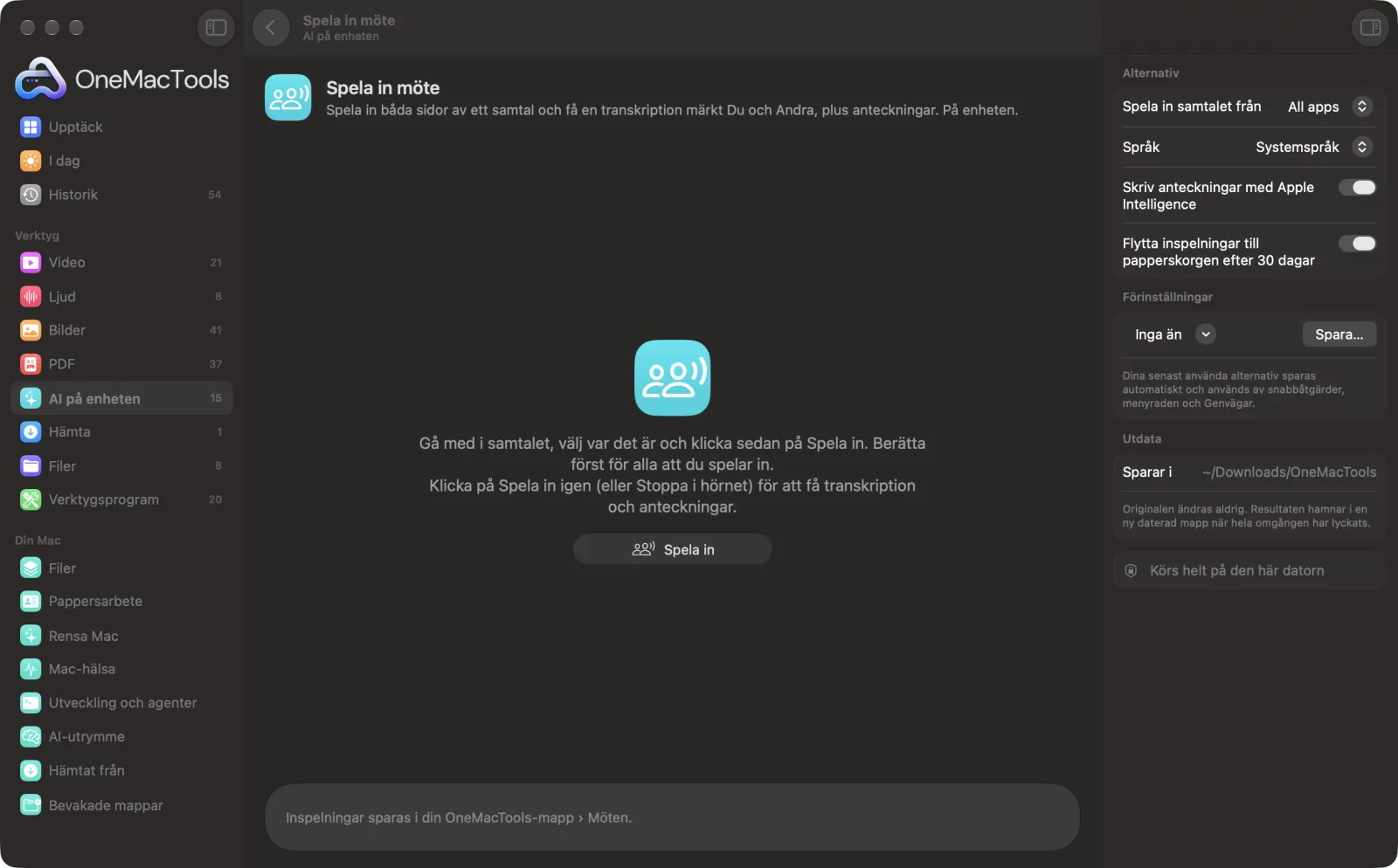 Spela in möte i OneMacTools på en Mac, med exempelfiler och alternativ
