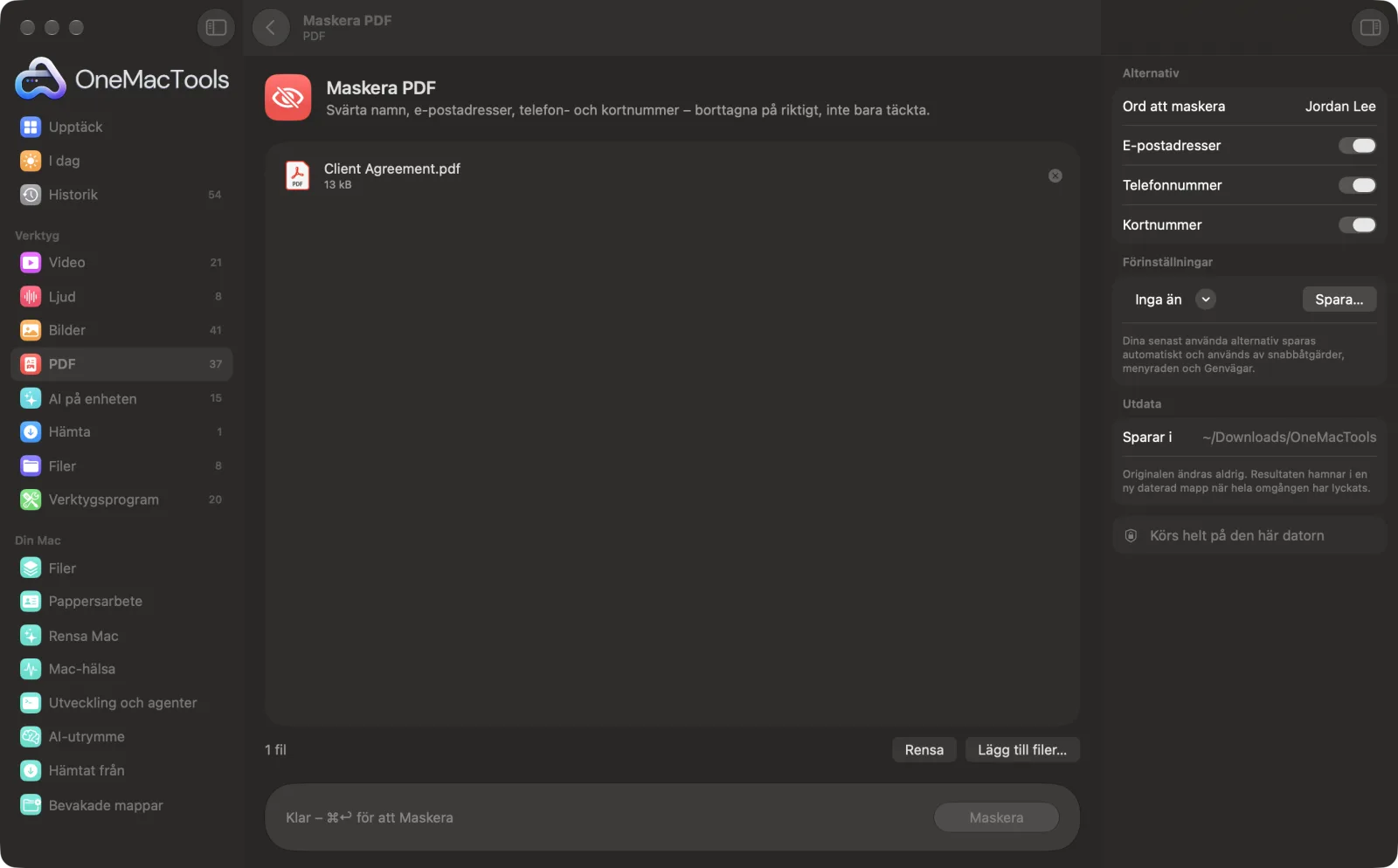 Maskera PDF i OneMacTools med exempelfiler inlästa och alternativpanelen öppen