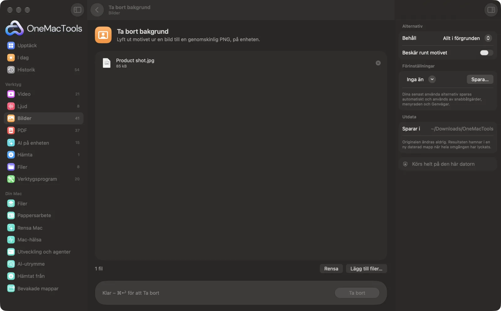 Ta bort bakgrund i OneMacTools med exempelfiler inlästa och alternativpanelen öppen