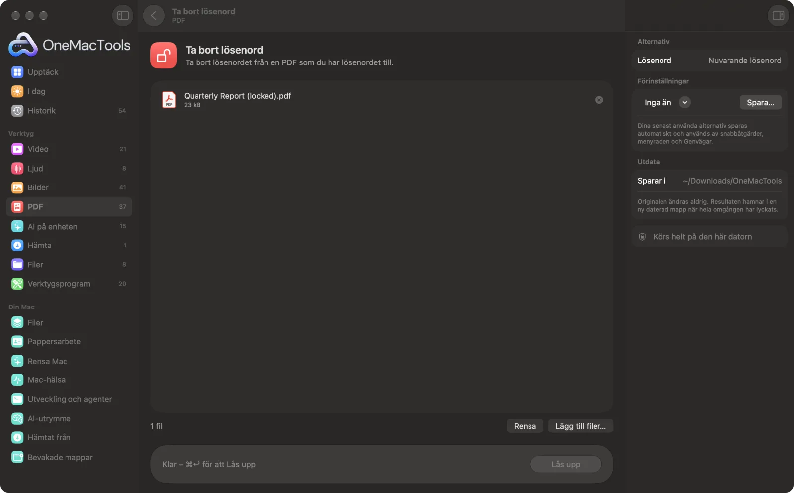 Ta bort lösenord i OneMacTools på en Mac, med exempelfiler och alternativ