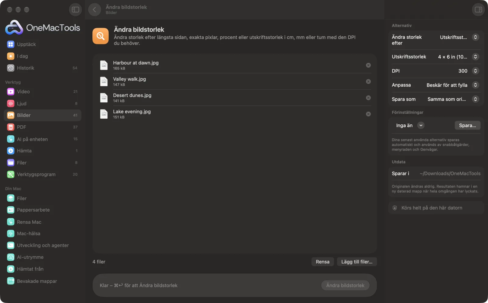 Ändra bildstorlek i OneMacTools på en Mac, med exempelfiler och alternativ
