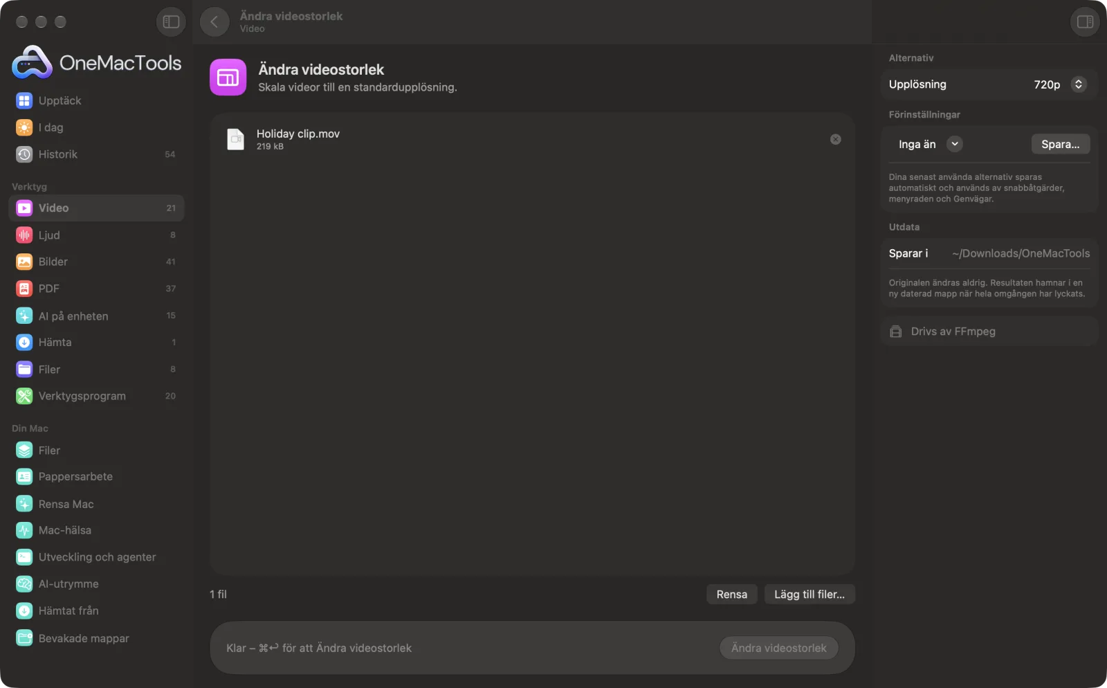Ändra videostorlek i OneMacTools på en Mac, med exempelfiler och alternativ