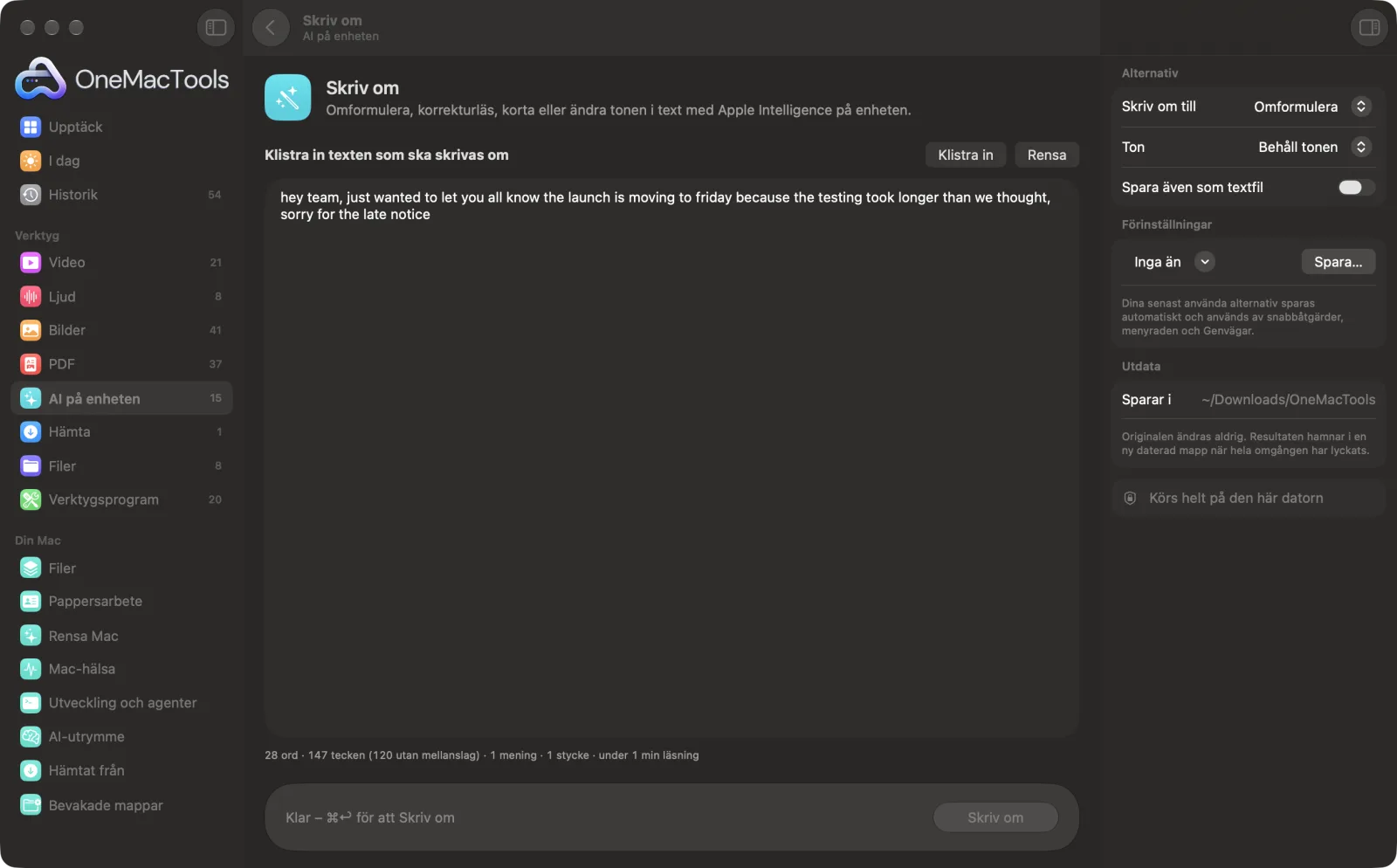Skriv om i OneMacTools på en Mac, med exempelfiler och alternativ