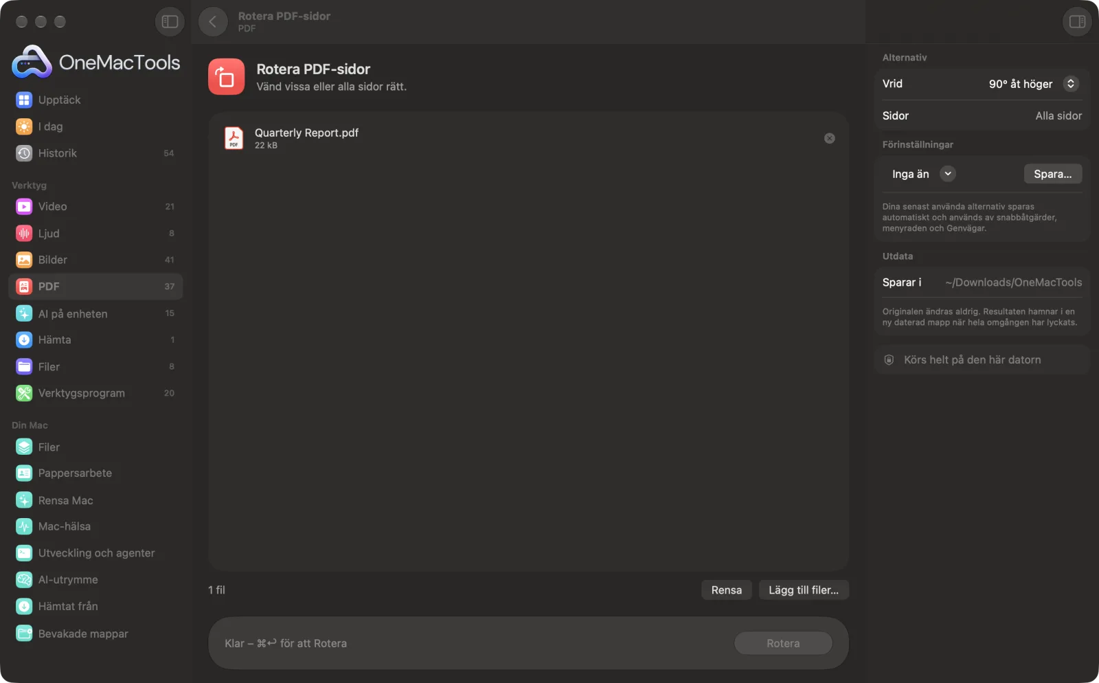 Rotera PDF-sidor i OneMacTools på en Mac, med exempelfiler och alternativ