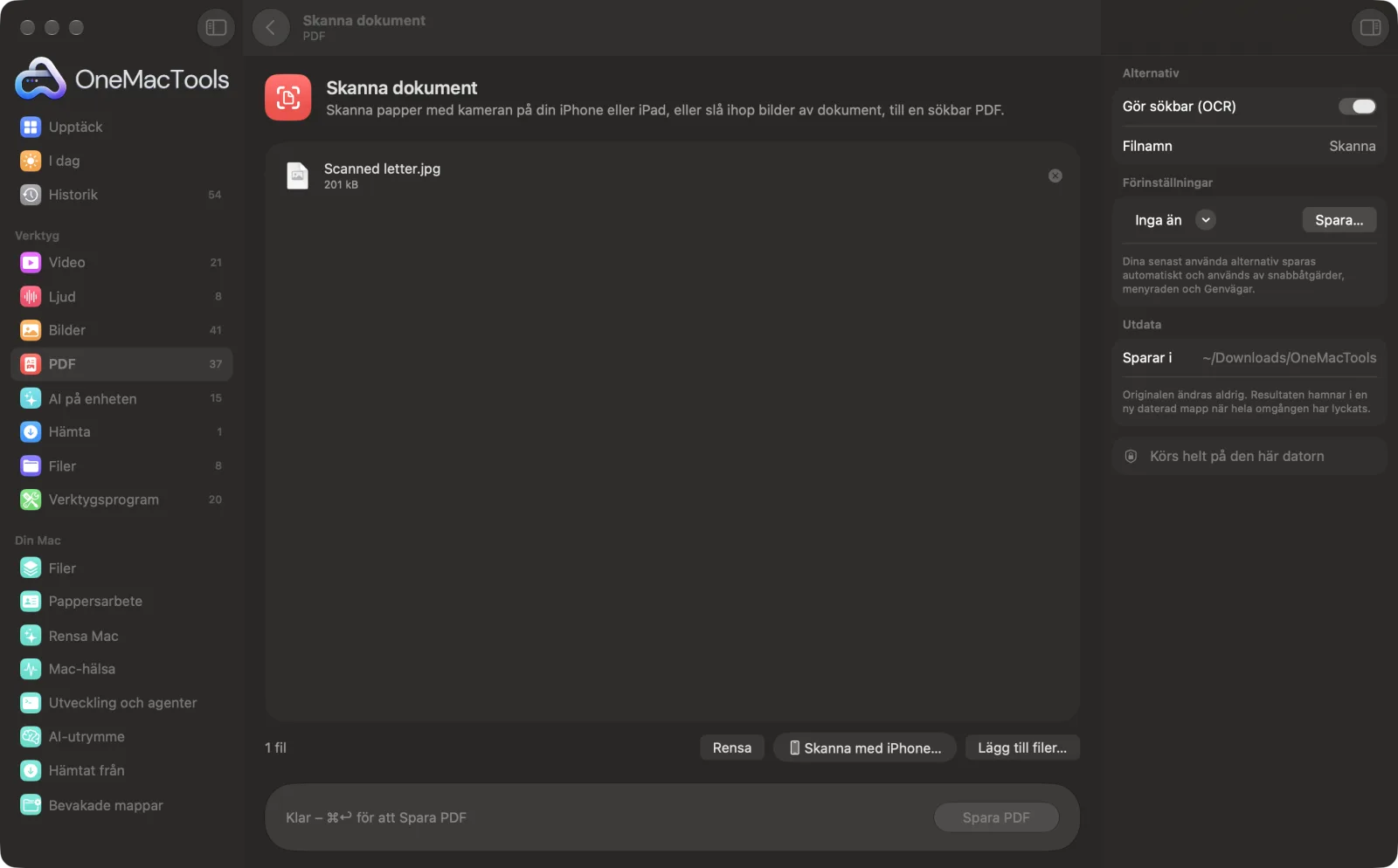 Skanna dokument i OneMacTools på en Mac, med exempelfiler och alternativ