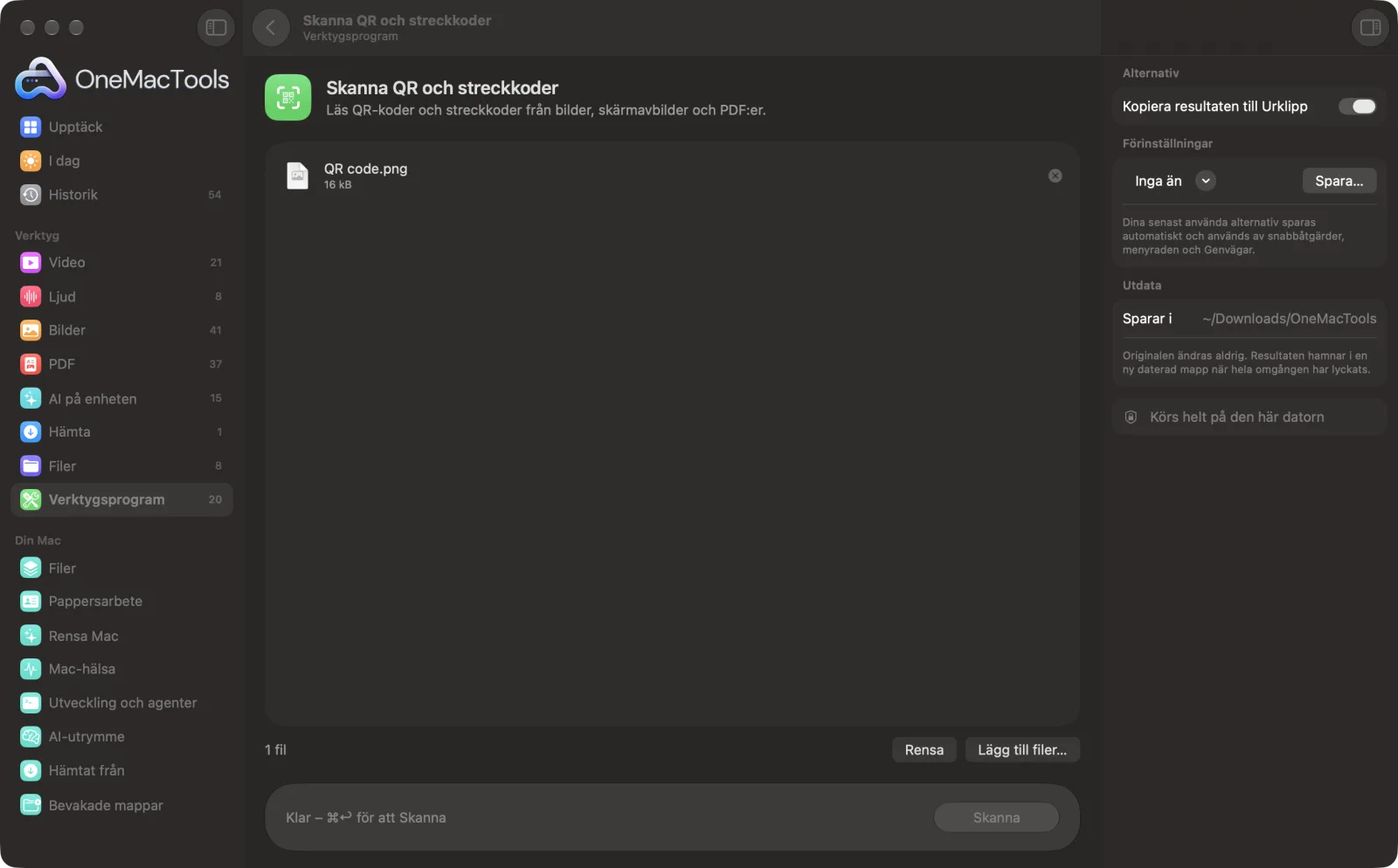 Skanna QR och streckkoder i OneMacTools på en Mac, med exempelfiler och alternativ