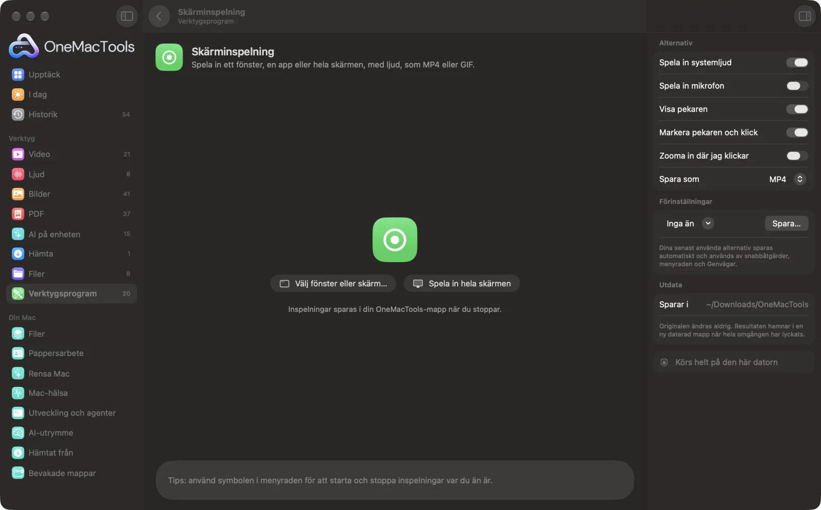 Skärminspelning i OneMacTools med exempelfiler inlästa och alternativpanelen öppen